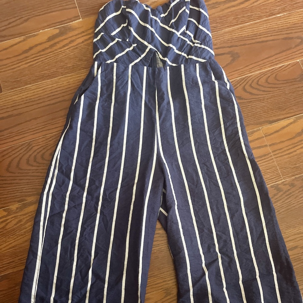 Main Strip Strapless Navy and White Cutout Jumpsuit sz M - Picture 2 of 2
